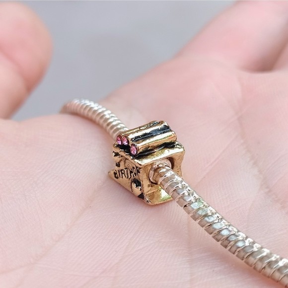 925 Birthday Pink Rhinestone Present Gold Bead Charm - Picture 3 of 5